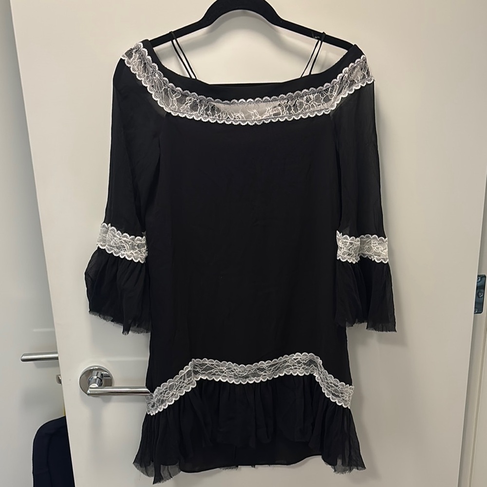 Chic Black Dress with White Lace Trim